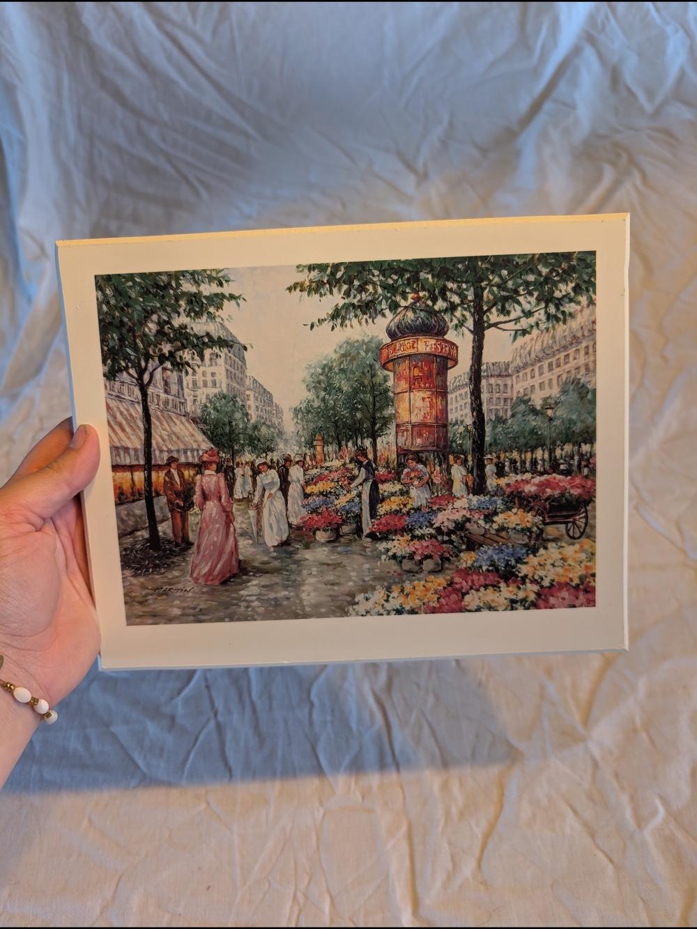 2/30$ Vintage Floral Market Street Scene Art Print - Green, Pink, Blue, Yellow